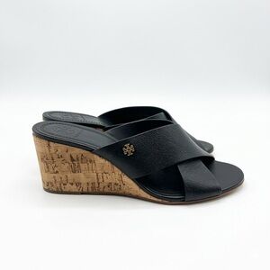 Tory Burch Black Leather Cork Wedge Sandals Strappy Slides Womens 6.5
